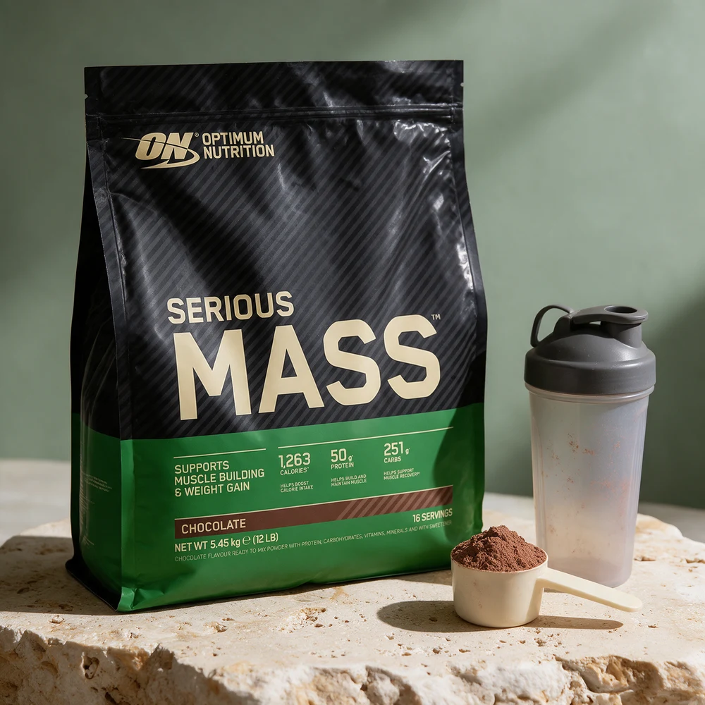 Svart og grønn pose med Optimum Nutrition Serious Mass Chocolate, en stor måleskje med pulver og en shaker på et travertinbord