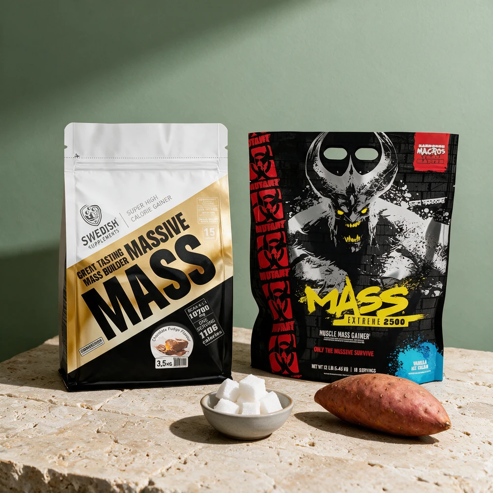 Posene til Swedish Supplements Massive Mass og Mutant Mass Extreme 2500 side om side med en liten skål sukkerbiter og en søtpotet på et travertinbord