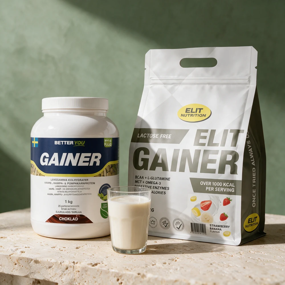 Den hvite boksen med Better You Gainer og posen med Elit Gainer Laktosefri side om side med et glass havredrikk foran på et travertinbord