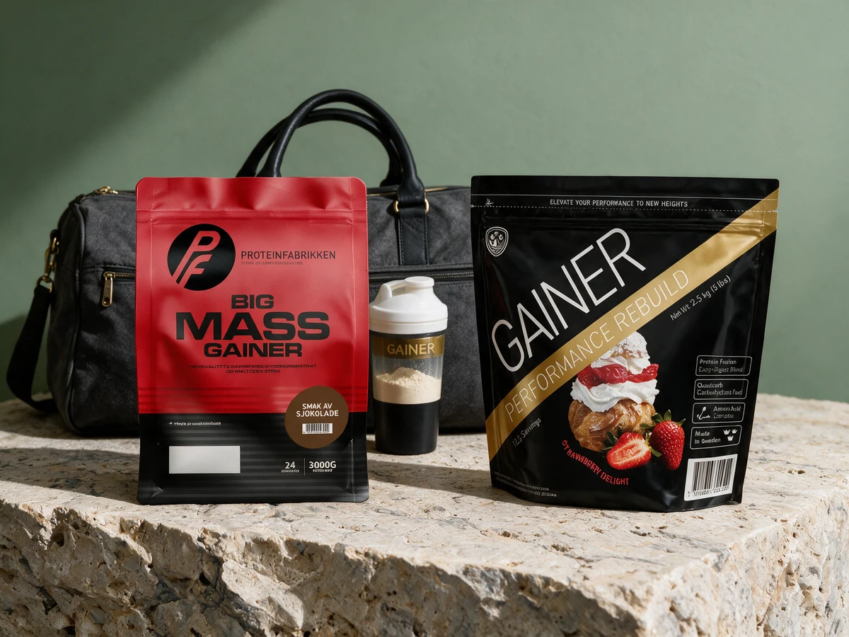 Den røde posen med Proteinfabrikken Big Mass Gainer og den svarte posen med Swedish Supplements Performance Gainer med en shaker med pulver mellom seg og en svart treningsbag bak