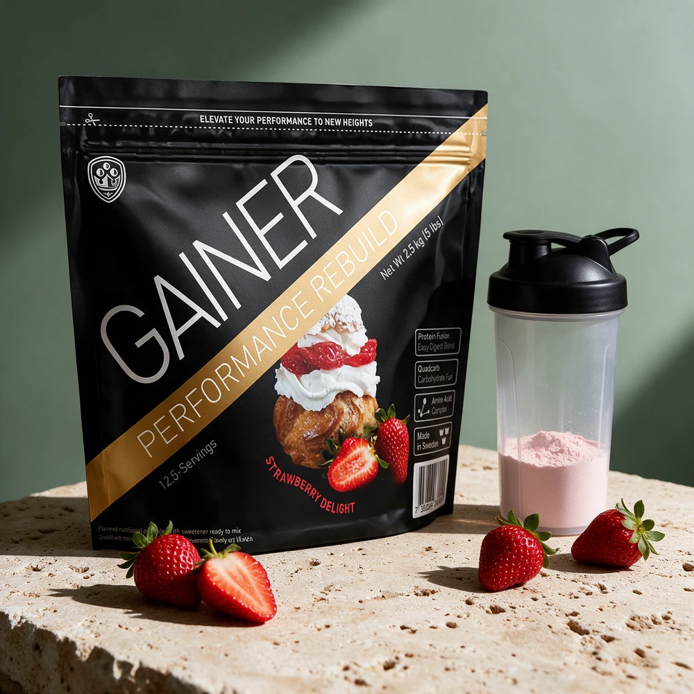 Svart pose med gullstripe, Swedish Supplements Performance Gainer Strawberry Delight, en gjennomsiktig shaker med rosa pulver og jordbær på et travertinbord
