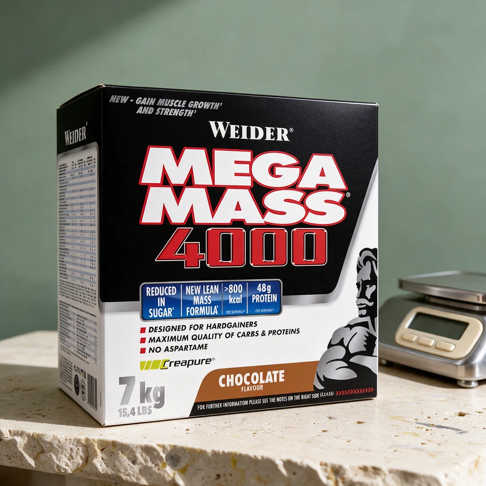 Hvit og svart eske med Weider Mega Mass 4000 Chocolate og en kjøkkenvekt i bildekanten på et travertinbord