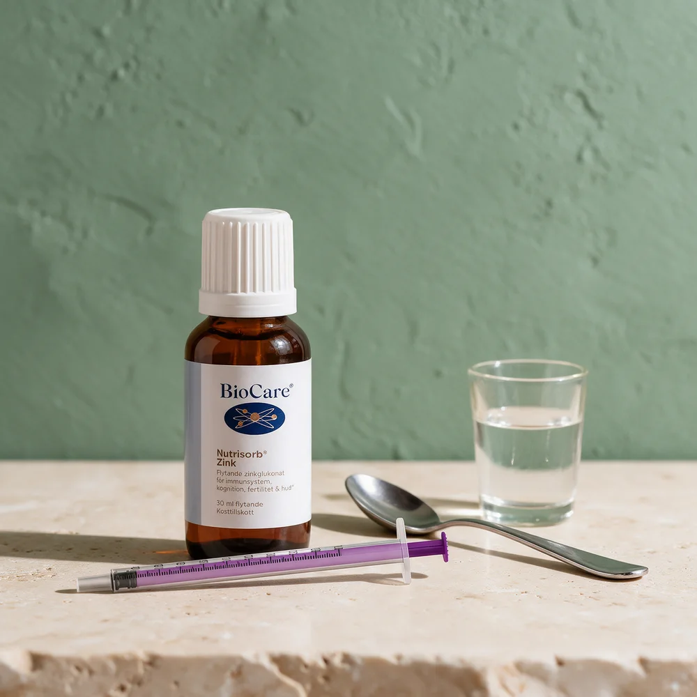 BioCare Nutrisorb Zink, 30 ml flytende sinkglukonat i glassflaske, med doseringssprøyten foran