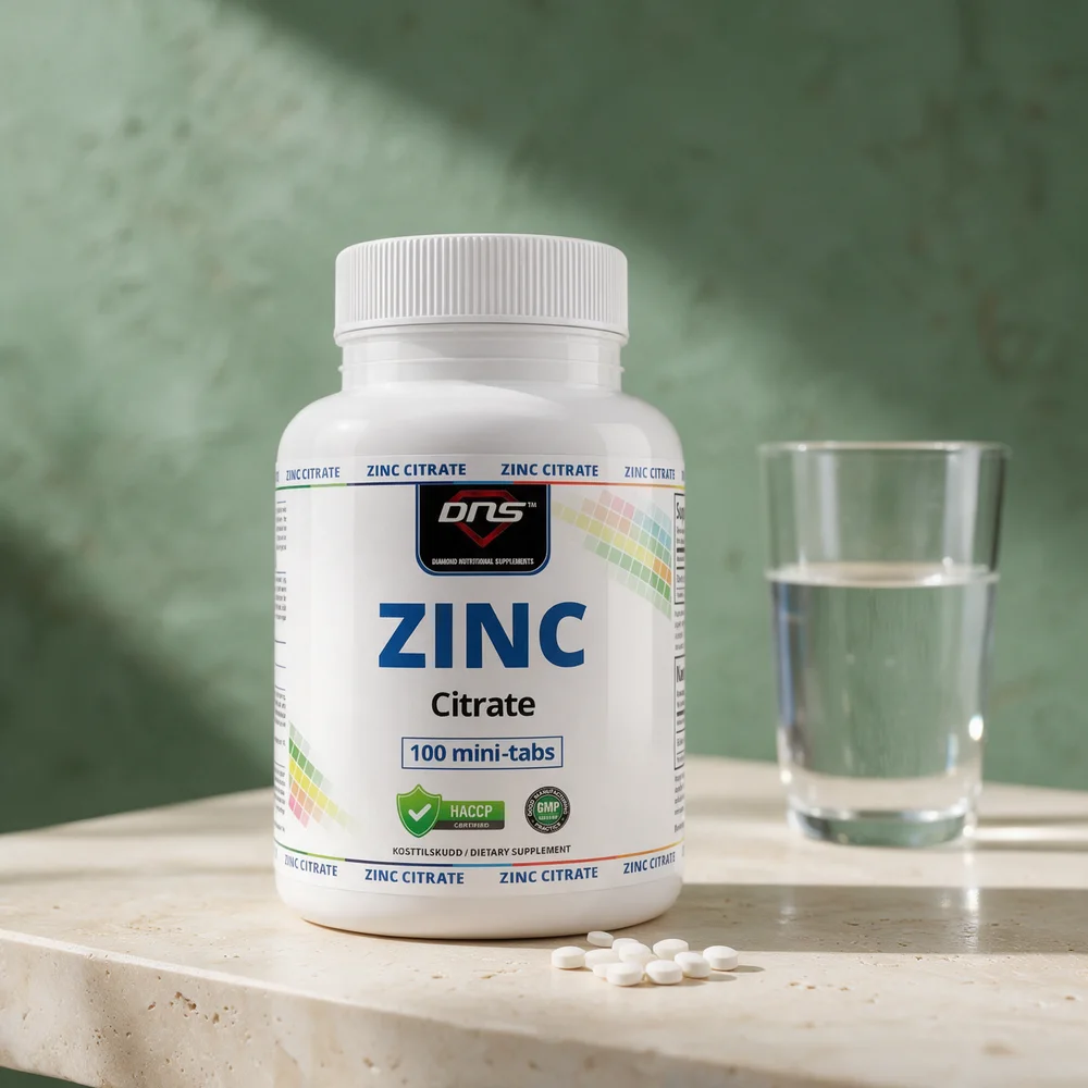 DNS Zinc Citrate merket 100 mini-tabs, med en liten haug minitabletter foran