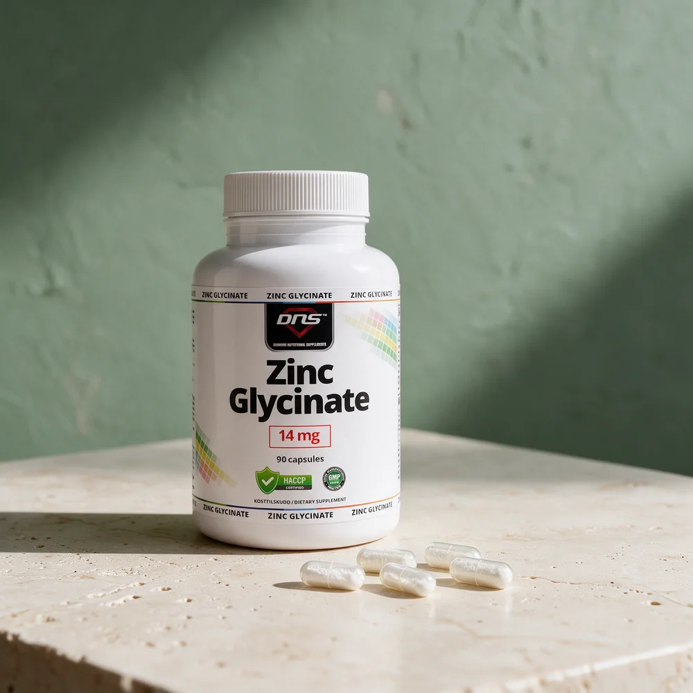 DNS Zinc Glycinate 14 mg, 90 capsules, med fem gjennomsiktige kapsler foran
