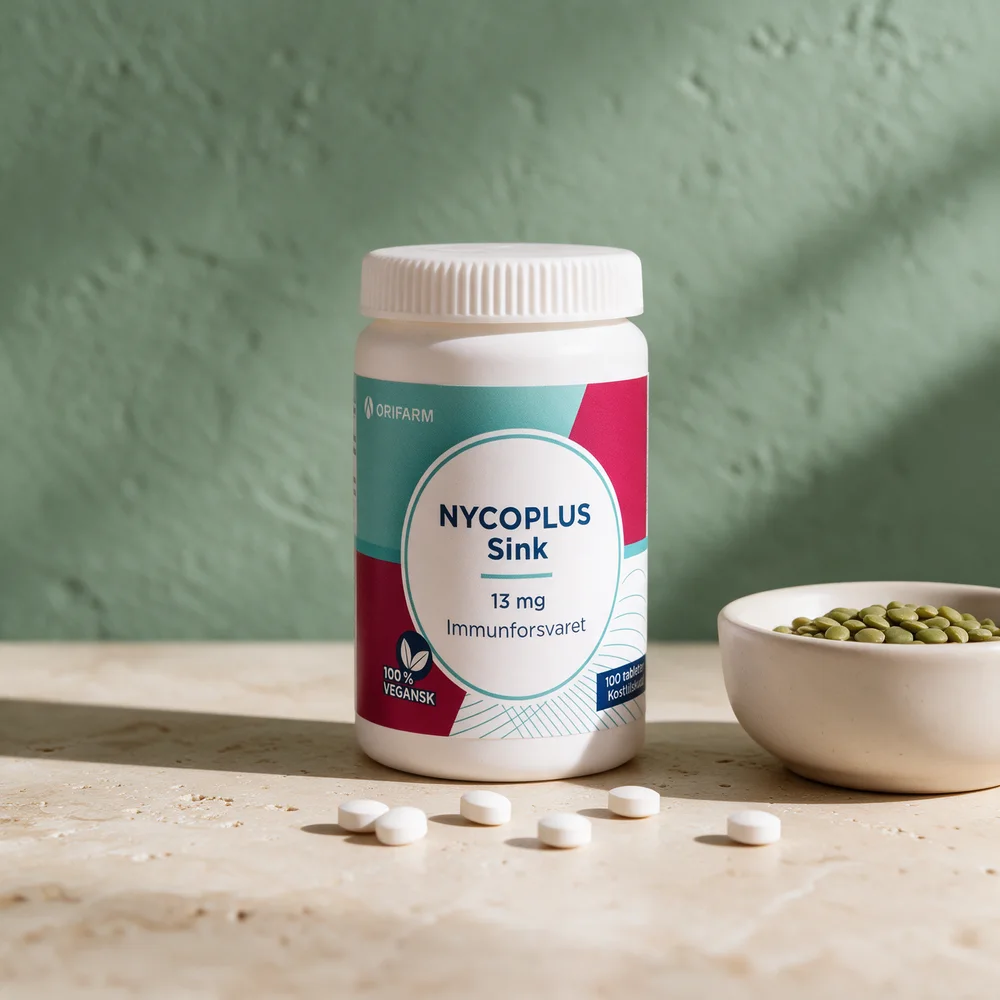 Nycoplus Sink 13 mg merket 100 % vegansk og 100 tabletter, med seks små tabletter foran