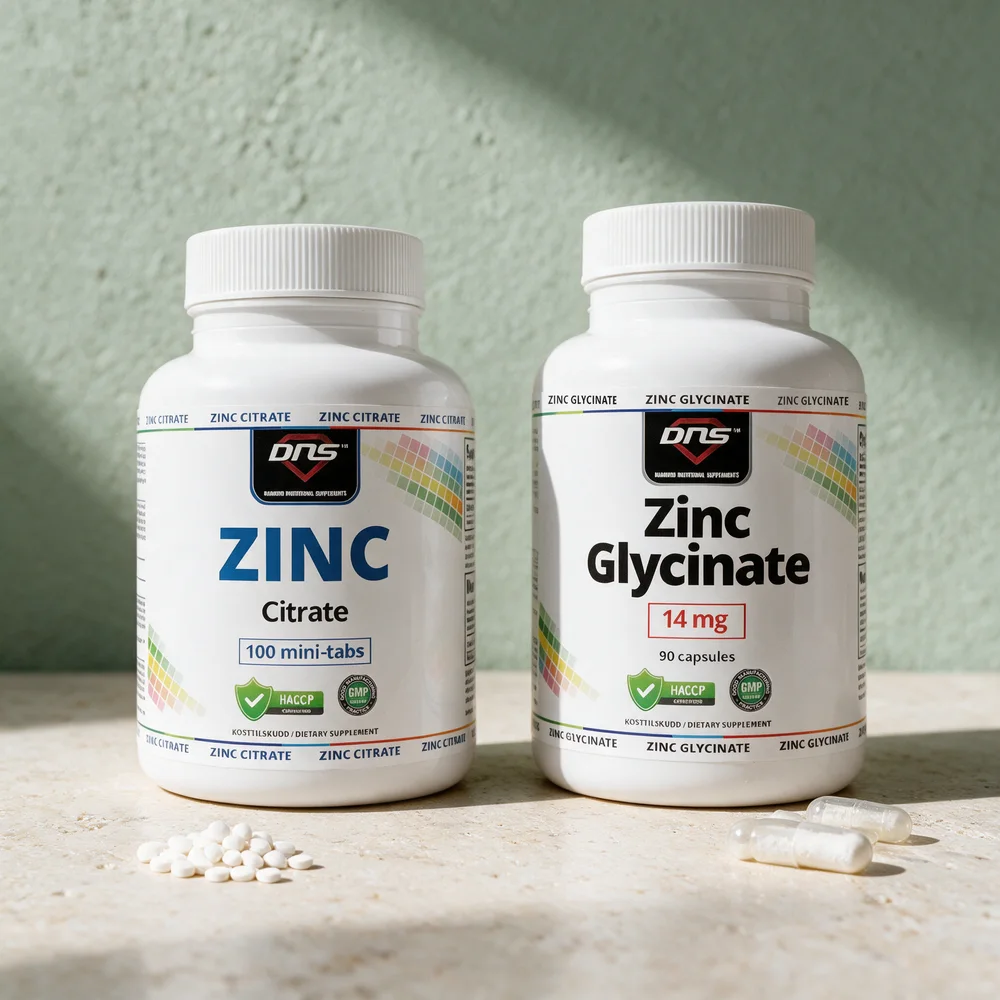 DNS Zinc Citrate og DNS Zinc Glycinate, to bokser fra samme merke med minitabletter og kapsler foran