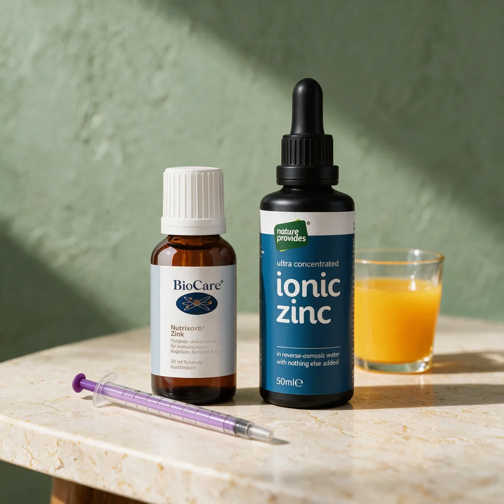 BioCare Nutrisorb Zink og Nature Provides ionic zinc, to flytende sinkprodukter, med en lilla doseringssprøyte foran