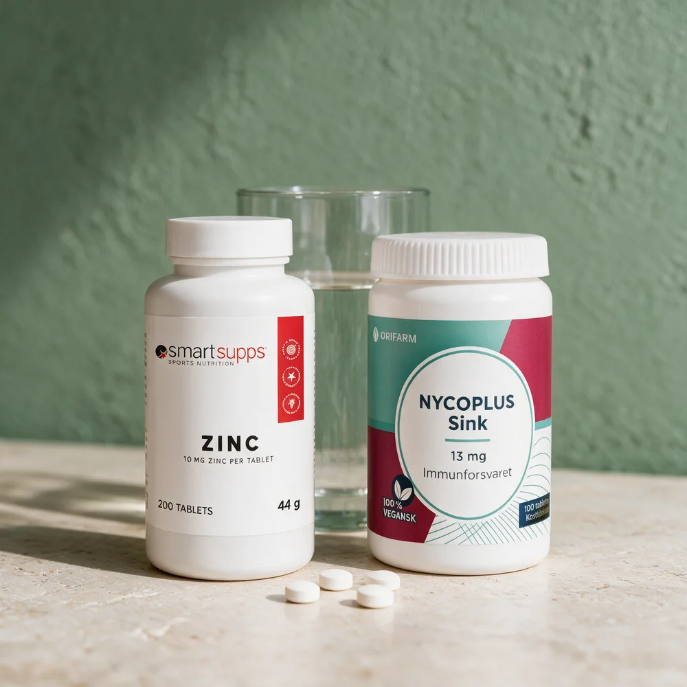 SmartSupps Zinc 10 mg og Nycoplus Sink 13 mg, to bokser med små hvite sitrattabletter foran