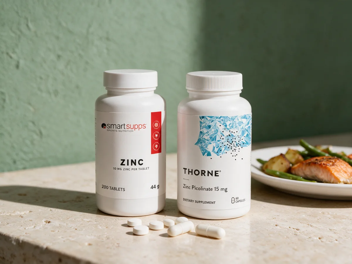 SmartSupps Zinc og Thorne Zinc Picolinate, en boks med tabletter og en med kapsler, med tablettene og kapslene foran