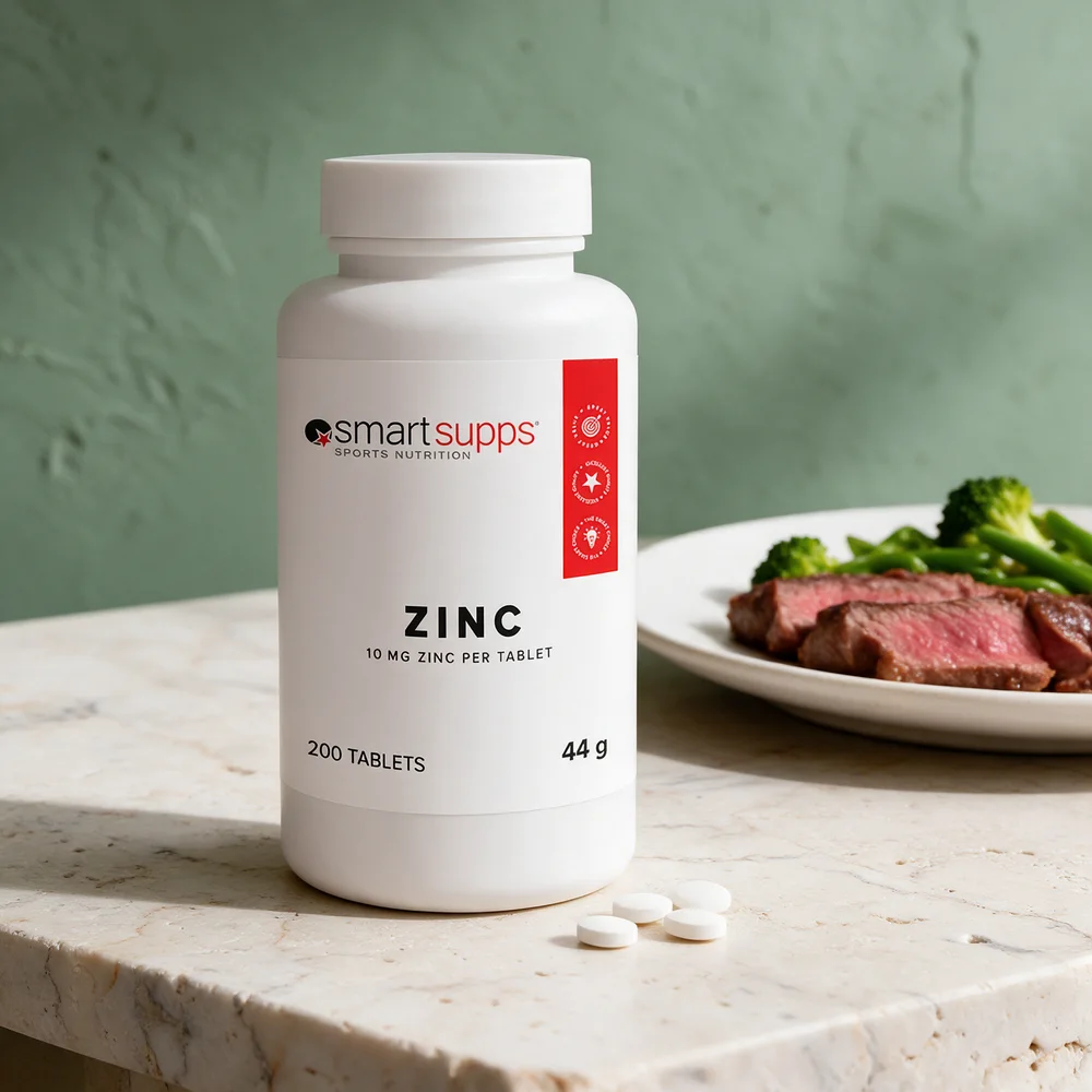 SmartSupps Zinc med 10 mg per tablett, 200 tabletter og 44 g på boksen, og fire små tabletter foran