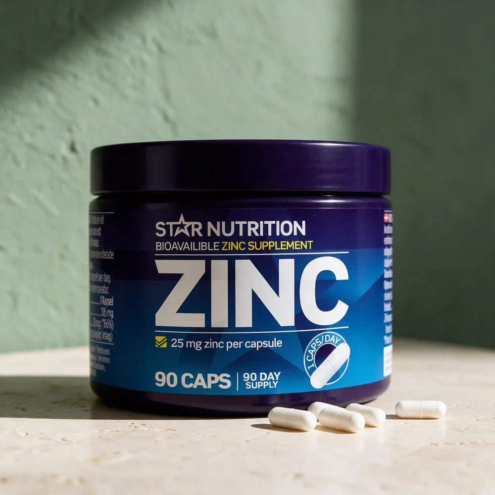 Star Nutrition Zinc, 25 mg zinc per capsule og 90 caps, med kapsler foran