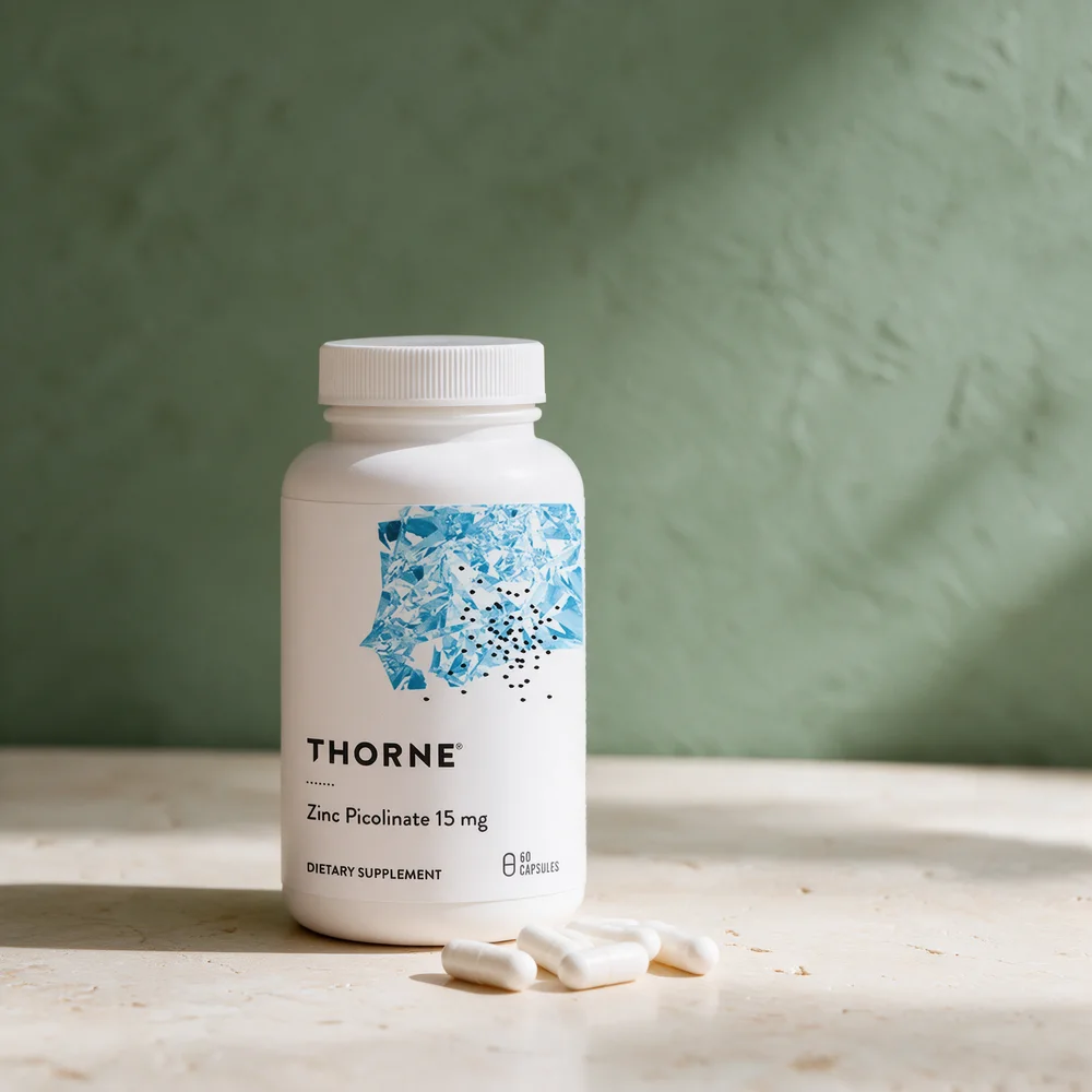 Thorne Zinc Picolinate 15 mg, 60 capsules, med hvite kapsler foran