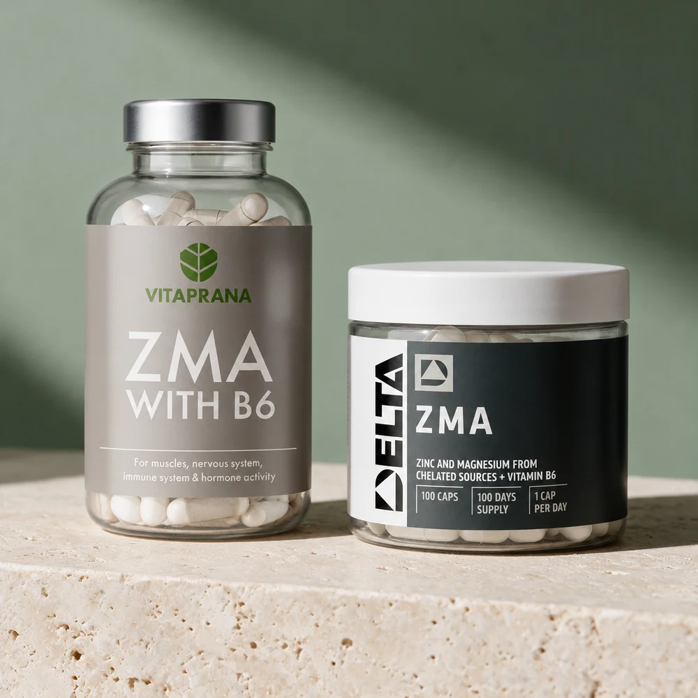 Vitaprana ZMA with B6 og Delta Nutrition ZMA side om side