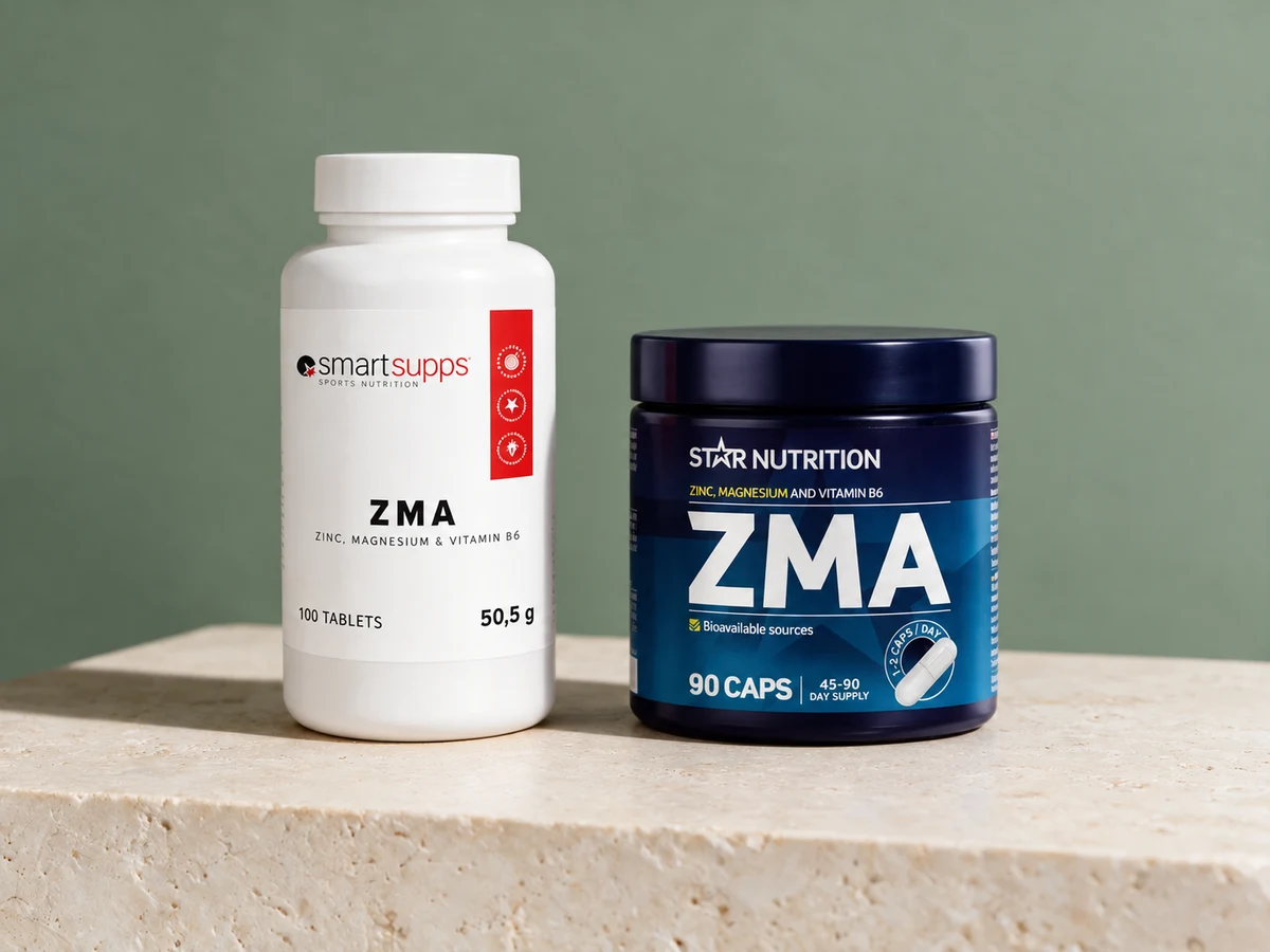 SmartSupps ZMA i hvit boks og Star Nutrition ZMA i blå boks side om side