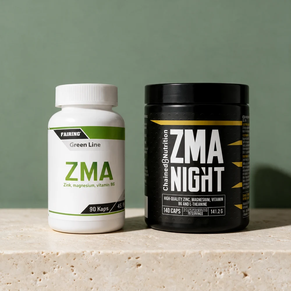 Fairing Green Line ZMA i hvit boks og Chained Nutrition ZMA Night i svart boks side om side