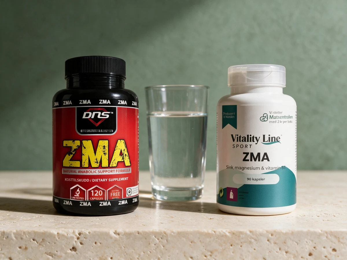 DNS ZMA og Vitality Line Sport ZMA med et glass vann mellom boksene
