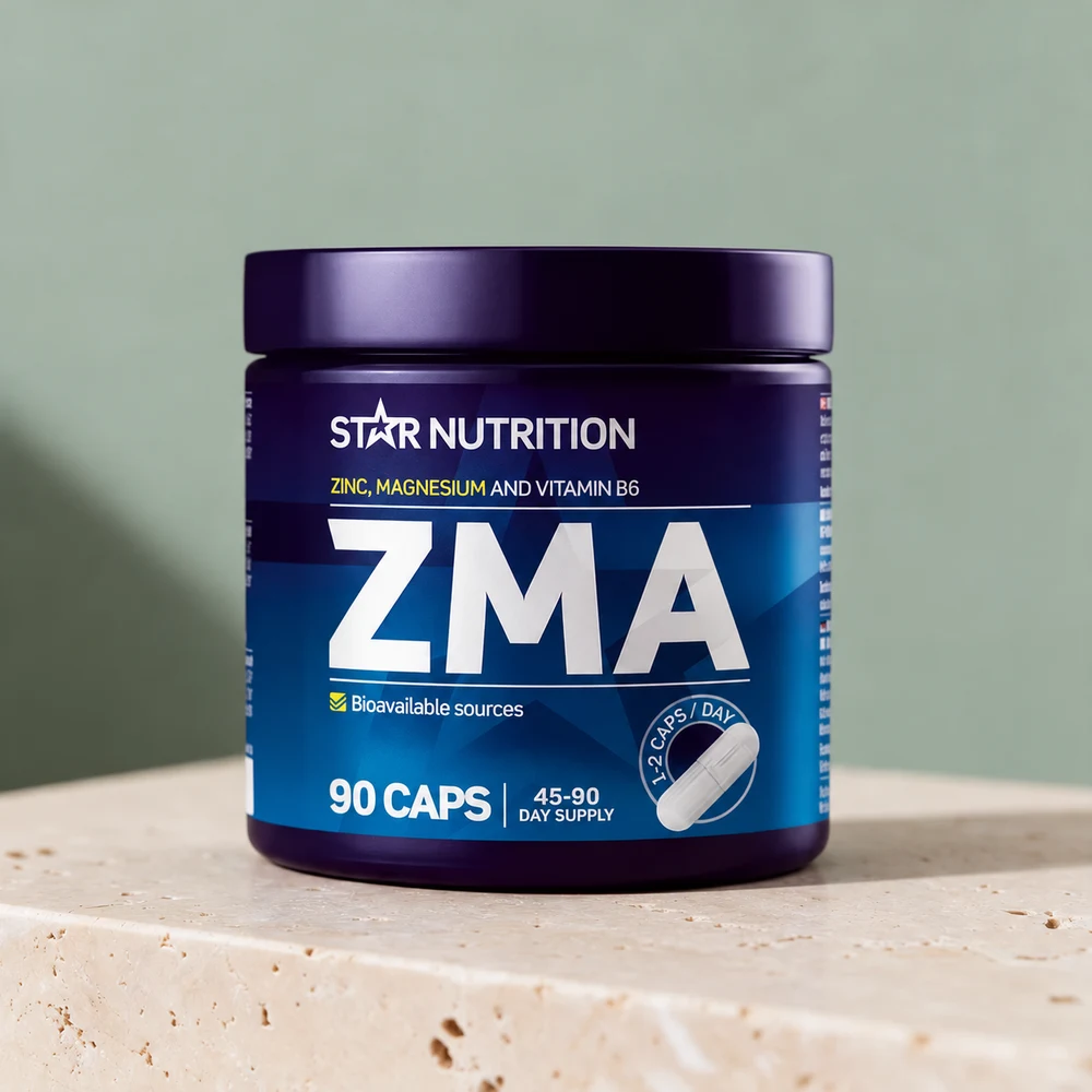 Star Nutrition ZMA i blå og lilla boks merket 90 caps og 1–2 caps per dag