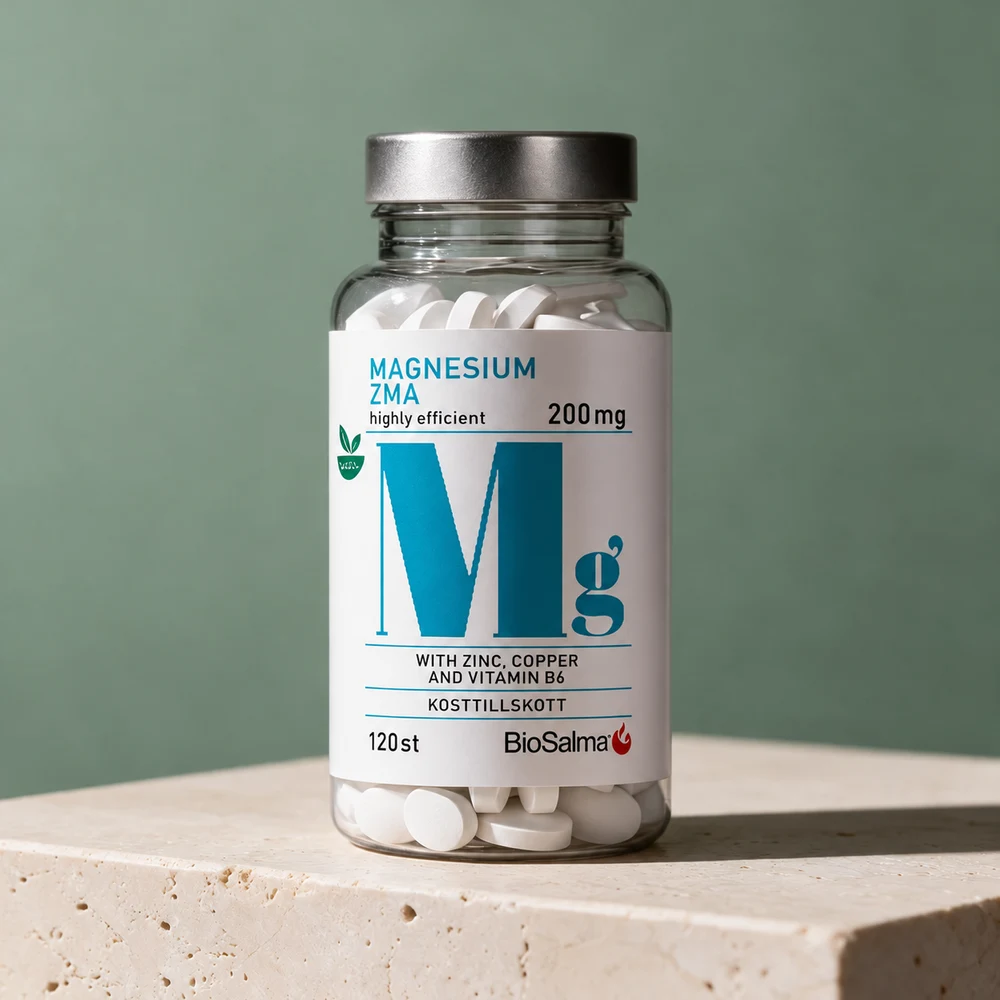 BioSalma Magnesium 200 mg med sink, kobber og B6 i gjennomsiktig boks med sølvlokk og hvite tabletter synlige i bunnen