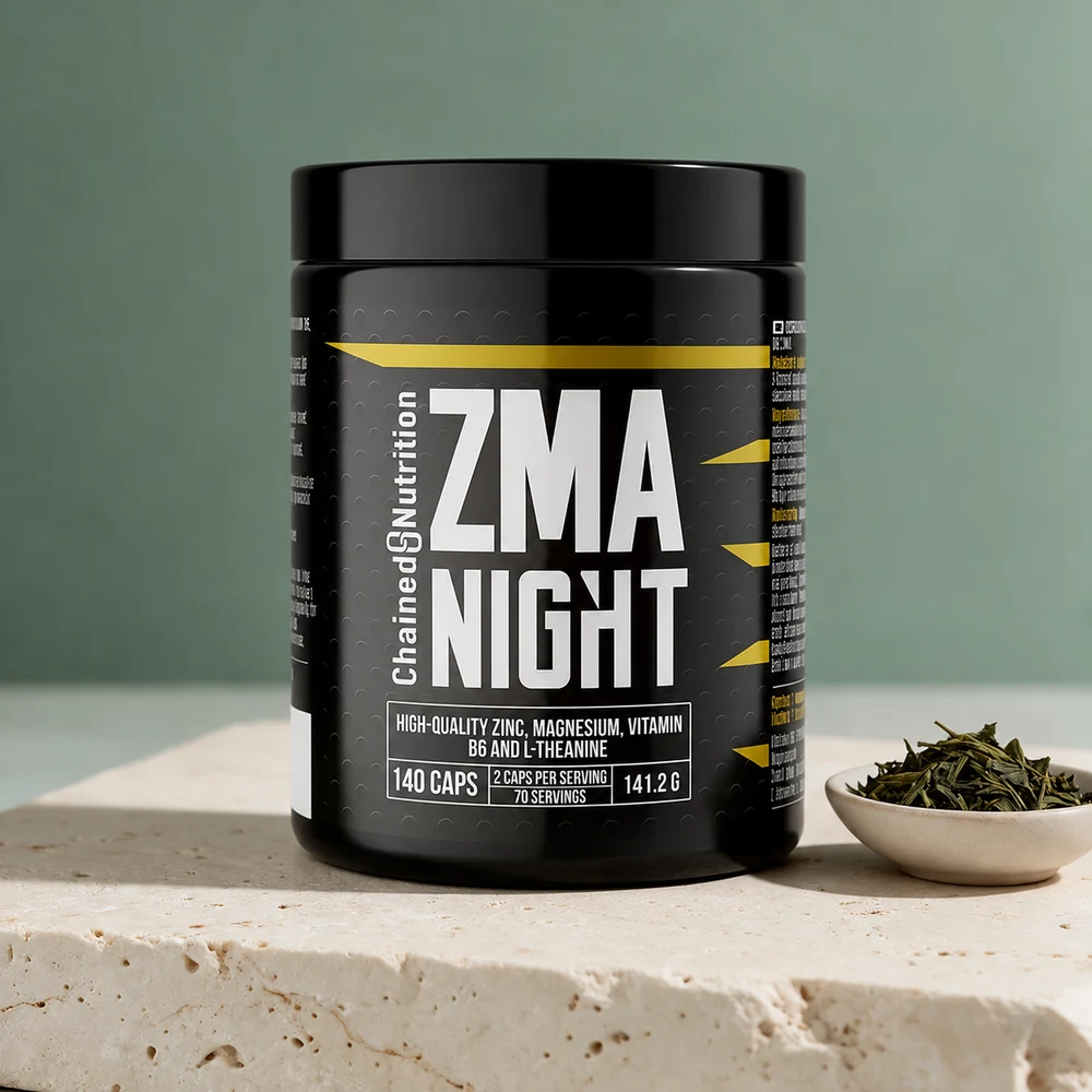 Chained Nutrition ZMA Night i svart boks med gule detaljer ved en liten skål tørre teblader