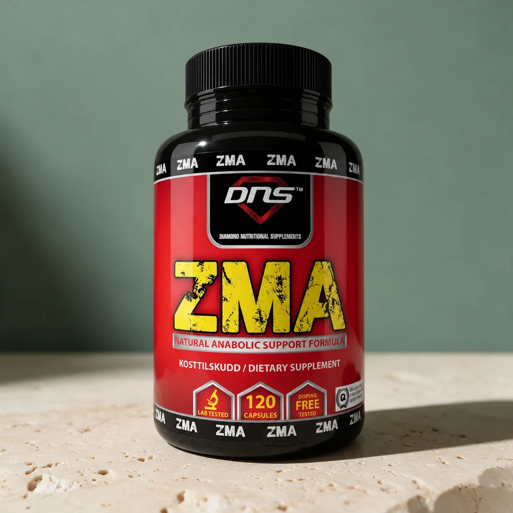 DNS ZMA i svart boks med rød og gul etikett merket 120 capsules