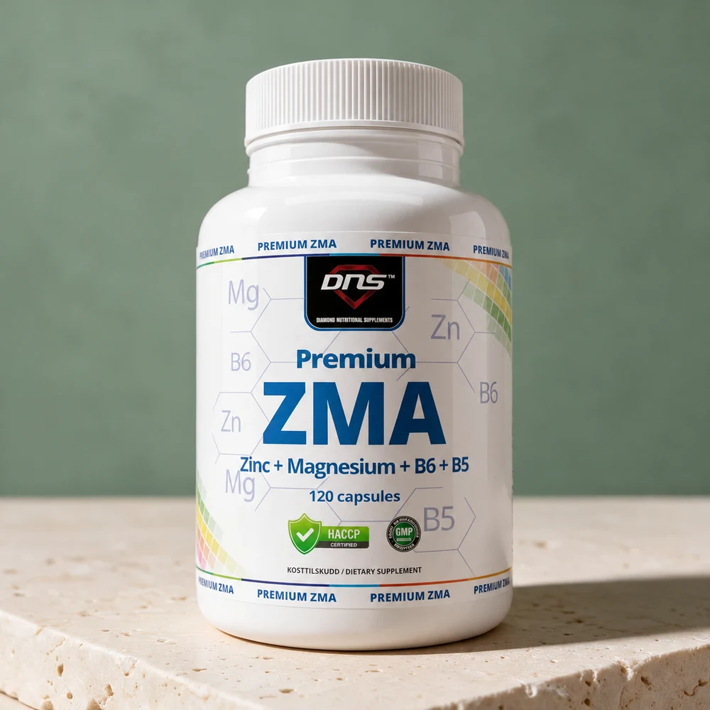 DNS Premium ZMA i hvit boks med blå skrift, merket Zinc + Magnesium + B6 + B5 og 120 capsules
