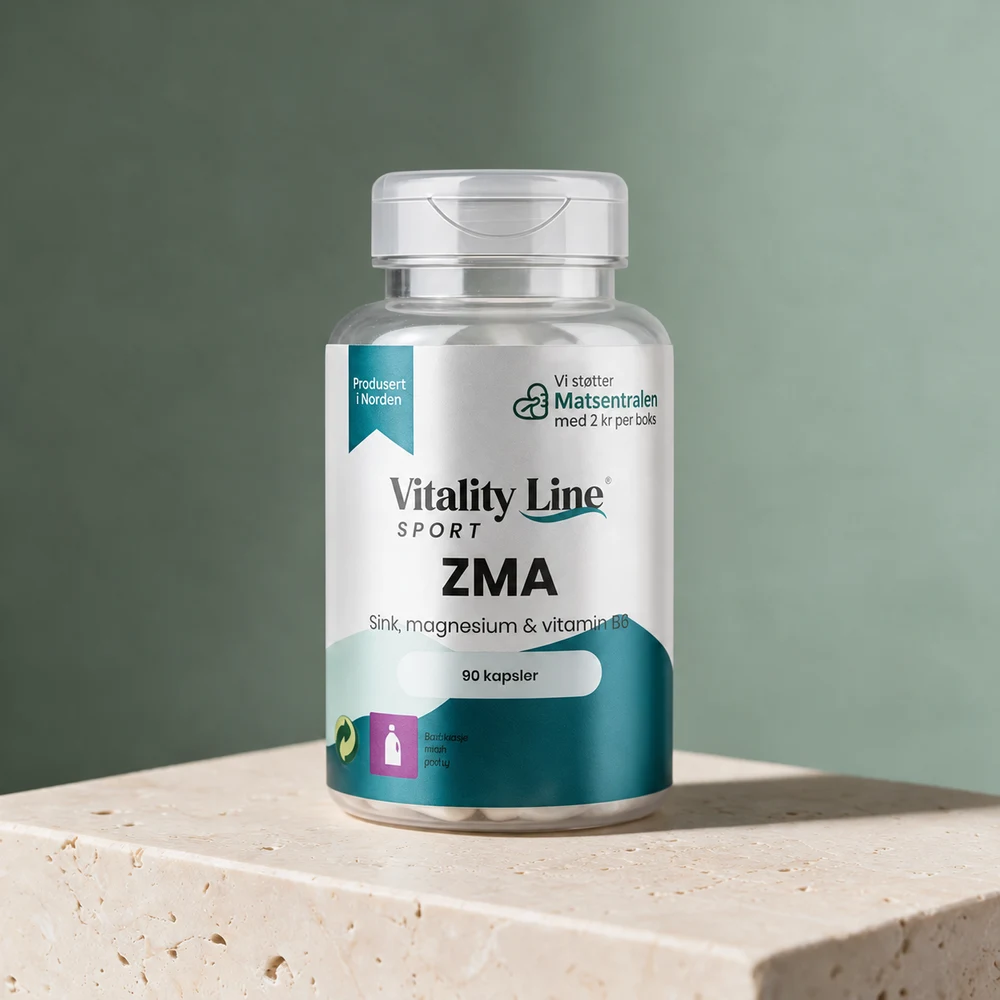 Vitality Line Sport ZMA i gjennomsiktig boks med turkis etikett merket 90 kapsler