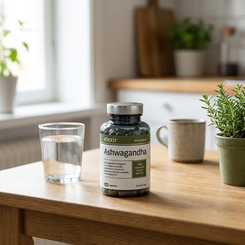 Elexir Pharma Ashwagandha 120 kapsler i hverdagsmiljø