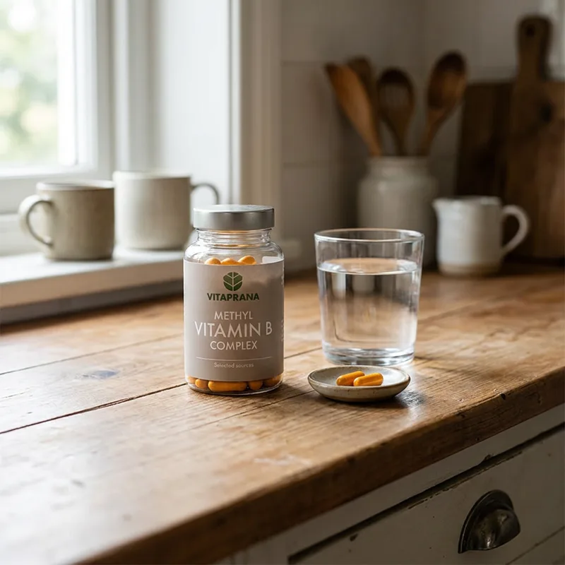Vitaprana Methyl Vitamin B Complex 50 kapsler i hverdagsmiljø