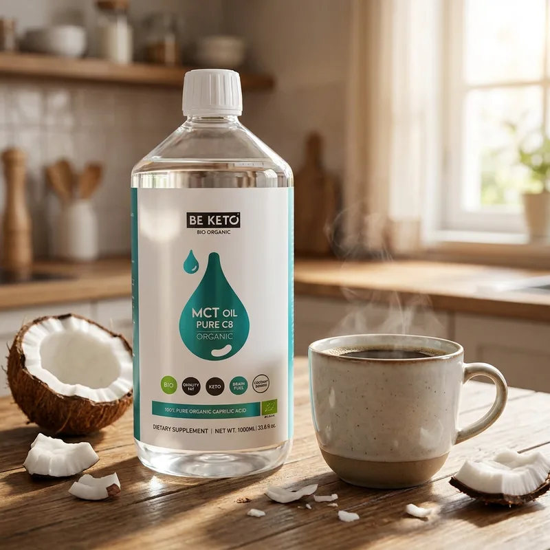 BeKeto Organic MCT Oil C8 1000 ml i hverdagsmiljø