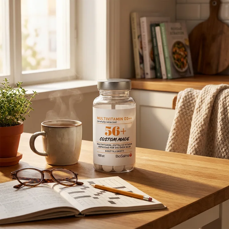 BioSalma Multivitamin 56+ D3++ 100 kapsler i hverdagsmiljø
