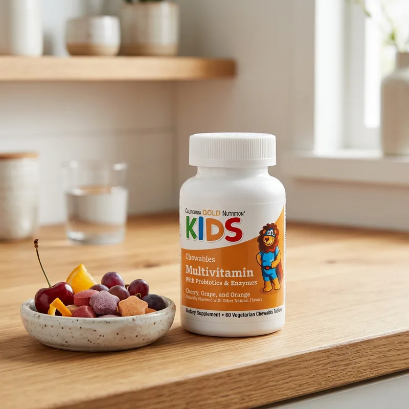 California Gold Nutrition tyggemultivitamin med probiotika – produktbilde