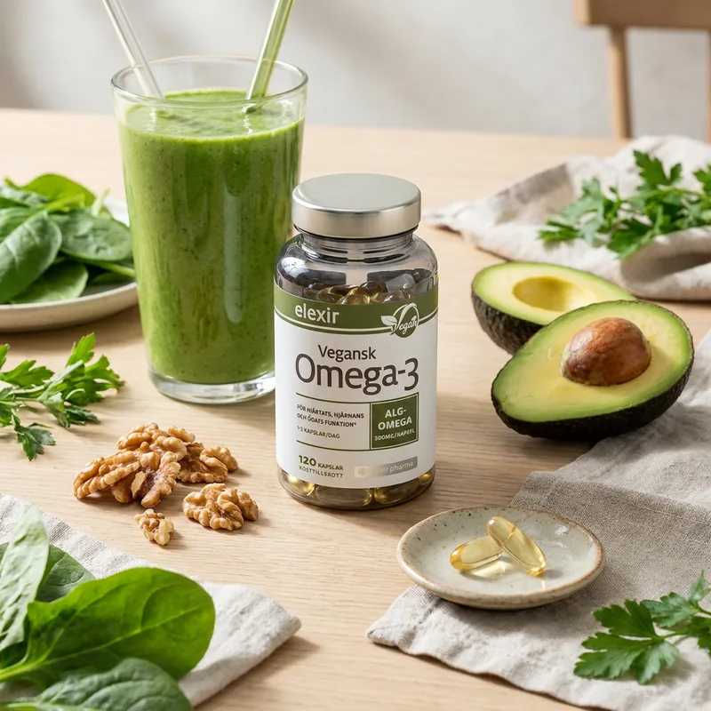 Elexir Pharma Vegansk Omega-3 120 kapsler i hverdagsmiljø