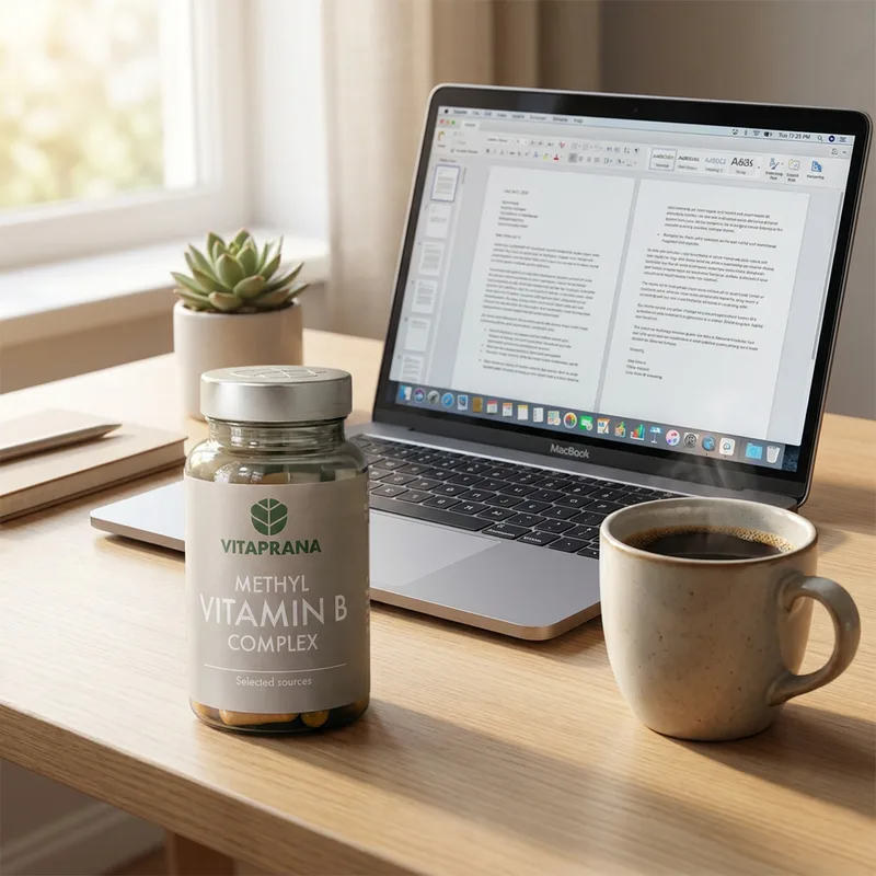 Vitaprana Metyl Vitamin B-kompleks 50 kapsler i hverdagsmiljø