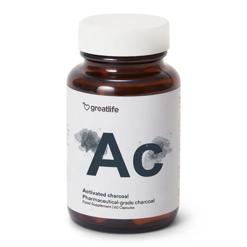 Greatlife Activated Charcoal Norit, glasskrukke med 60 kapsler