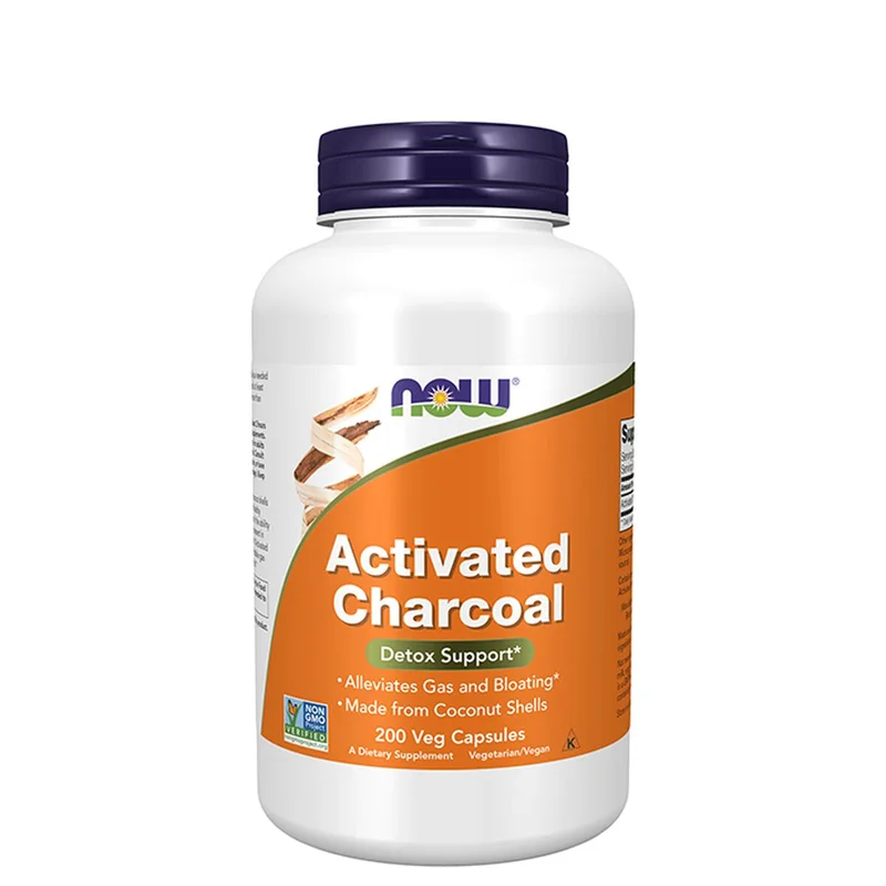 NOW Activated Charcoal, boks med 200 plantebaserte kapsler