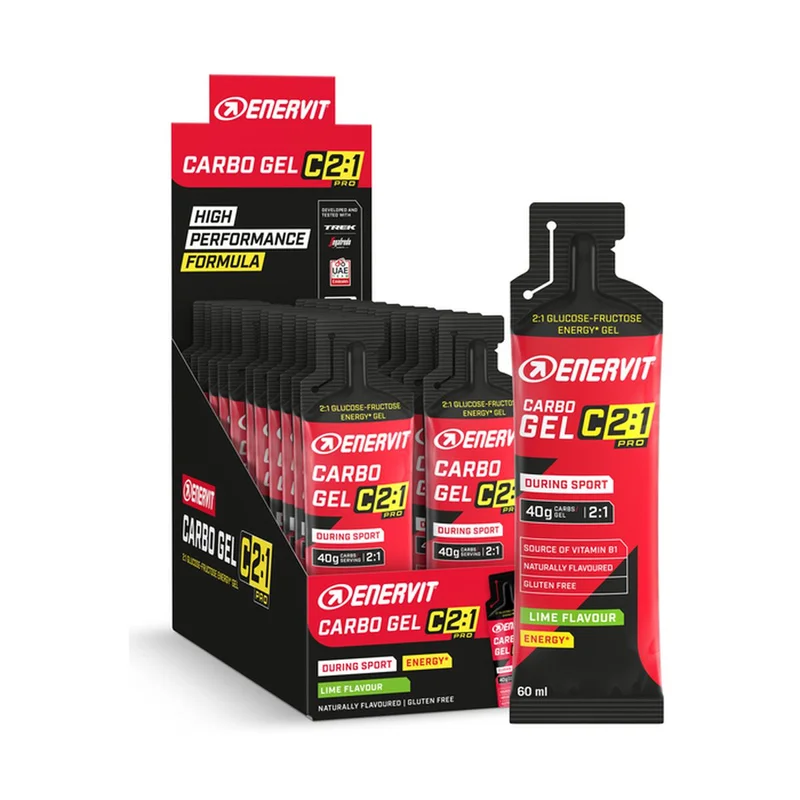 Enervit C2:1 Carbo Gel med limesmak, en pose på 60 ml foran esken