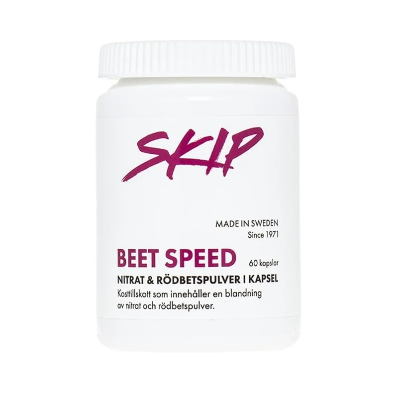 SKIP Beet Speed, boksen med teksten «Nitrat & rödbetspulver i kapsel»